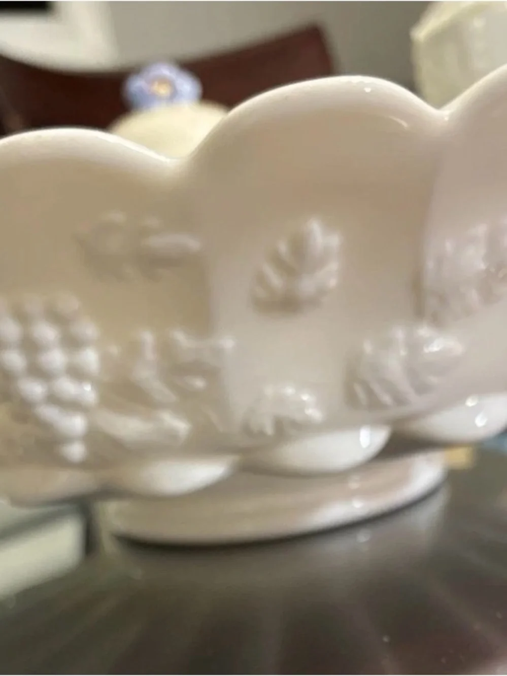 Westmoreland Milk Glass Embossed Grape Pattern With Scalloped Rim VTG 12” Bowl